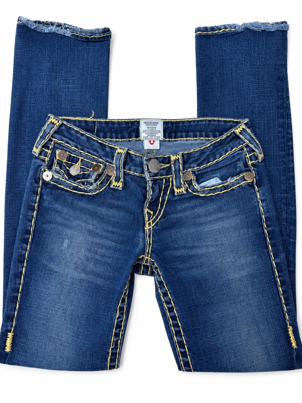 True Religion Women's Blue Skinny Jeans with Yellow Contrast Stitching